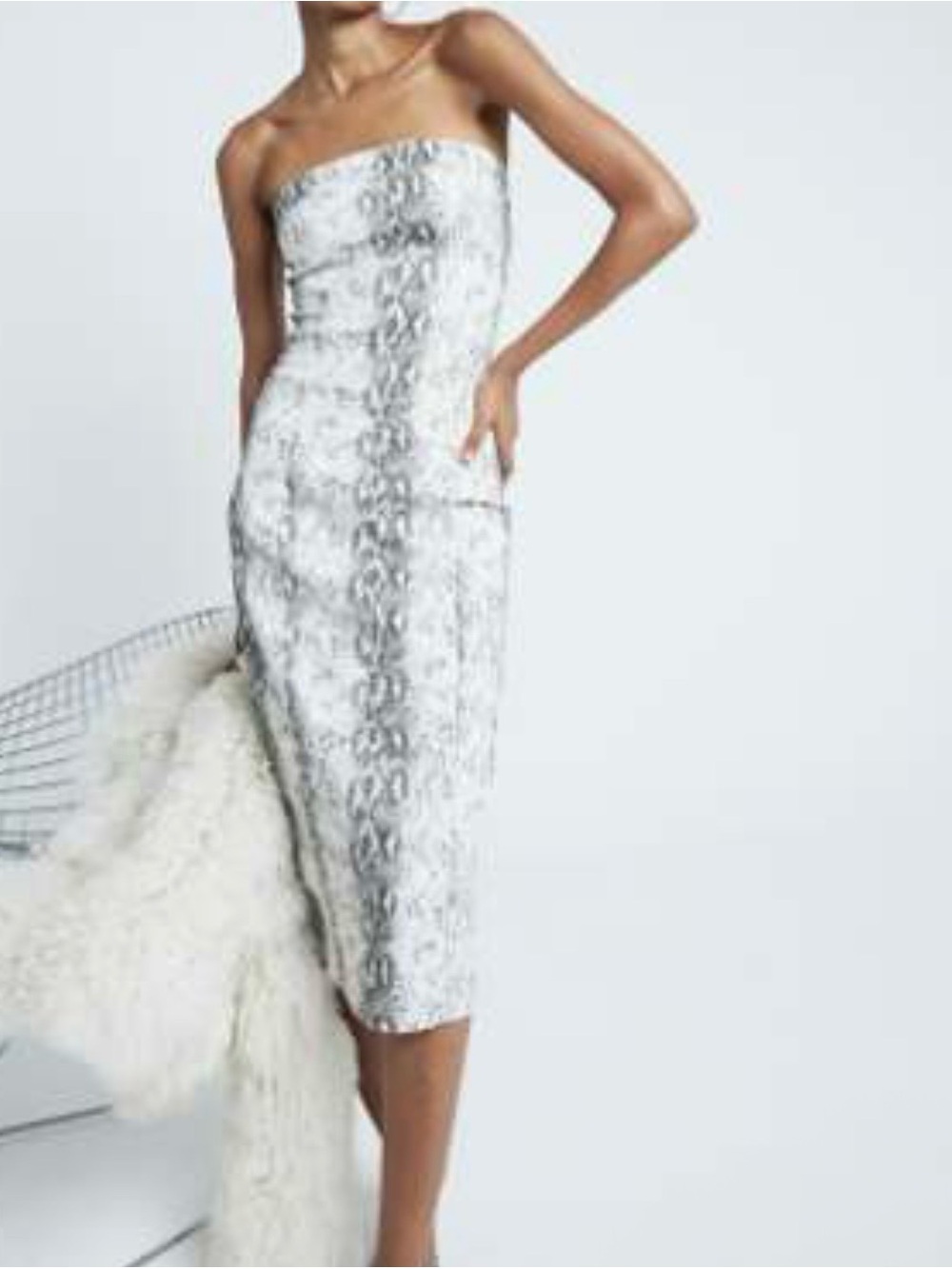 River Island Strapless Midi Dress in White and Silver Snake Print